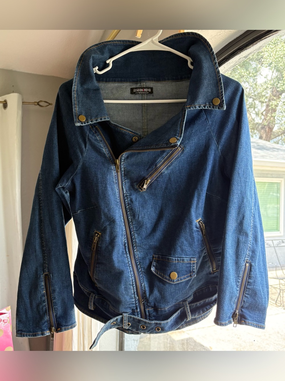 Women's Dark Blue Denim Moto Jacket Size XL Stretch